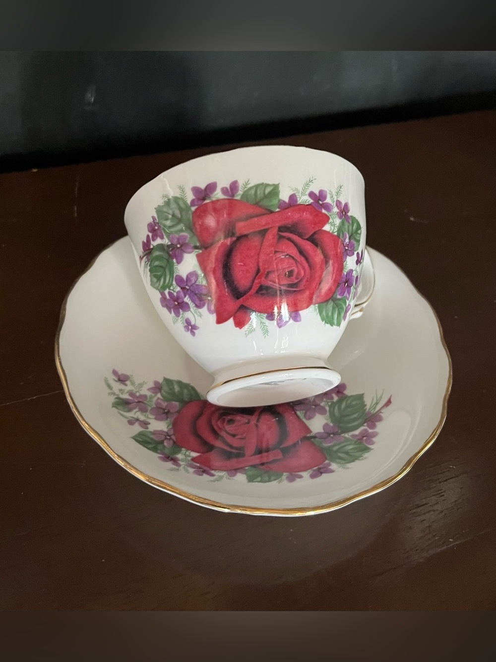 Vintage Royal Vale Red Rose Fine Bone China Teacup and Saucer - Floral Pattern